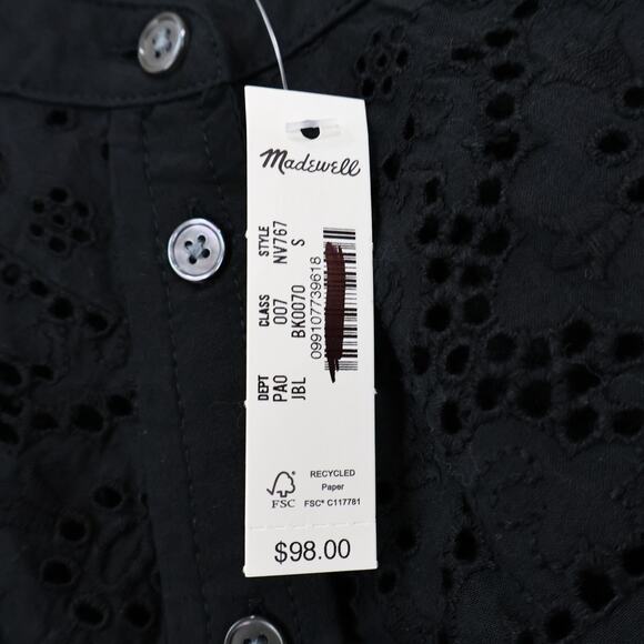 Madewell Embroidered Shirred Henley Top Black Size Small NWT - Picture 5 of 8